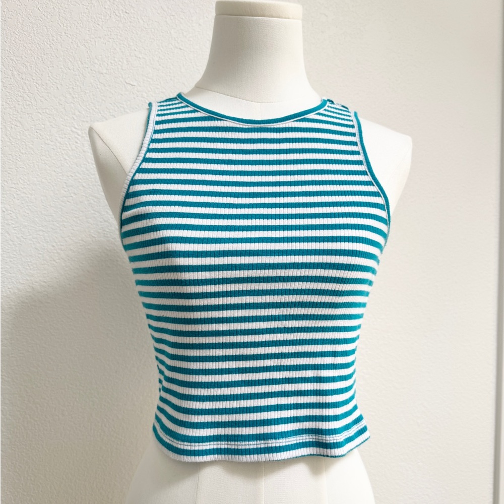 LAST CHANCE Ambiance Striped Aqua Teal White Ribbed Cropped Tank Top S